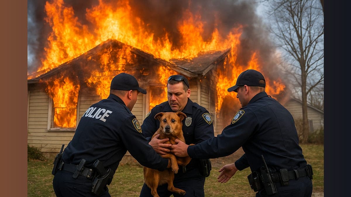 Officers Rescue Dog Seconds Before House Collapses in Fire