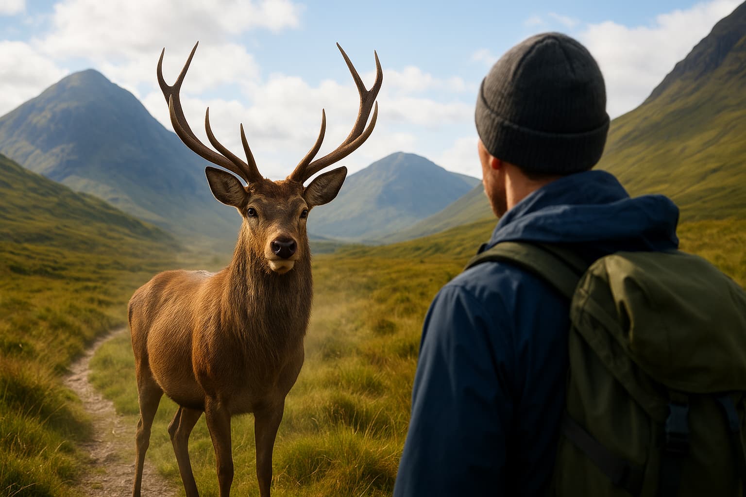 Wild Red Deer Stag Approaches Hiker in Remarkable Scottish Highlands Encounter