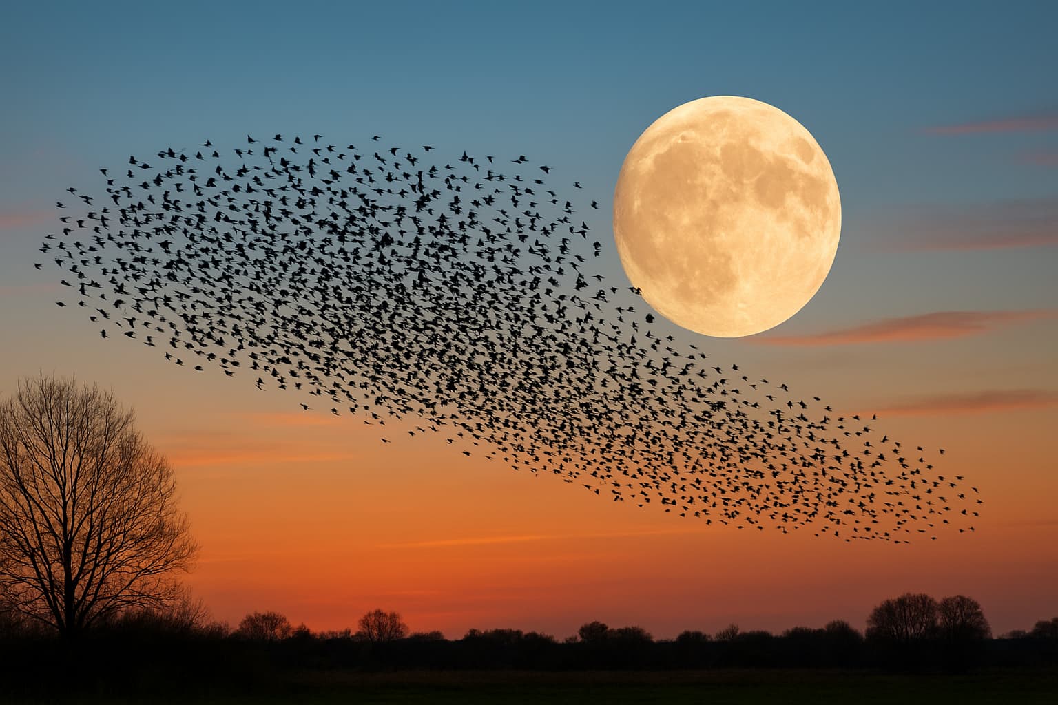 Spectacular Starling Murmuration Captured Against March's Full Worm Moon
