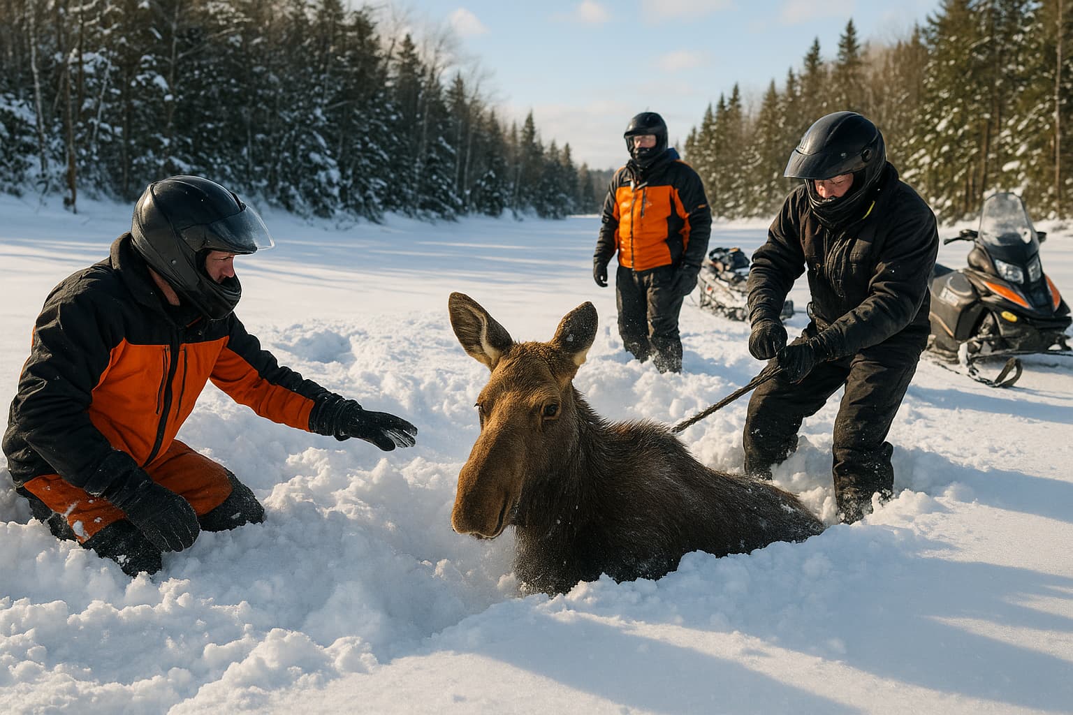 New Hampshire Snowmobilers Rescue Young Moose Trapped in Deep Snow