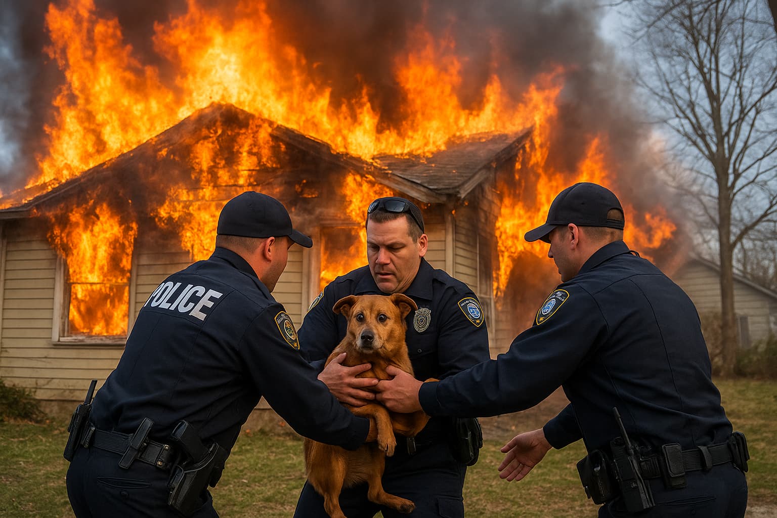 Officers Rescue Dog Seconds Before House Collapses in Fire