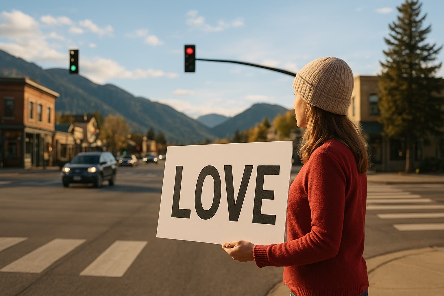 Woman Stands at Intersection with Love Sign for Nine Years